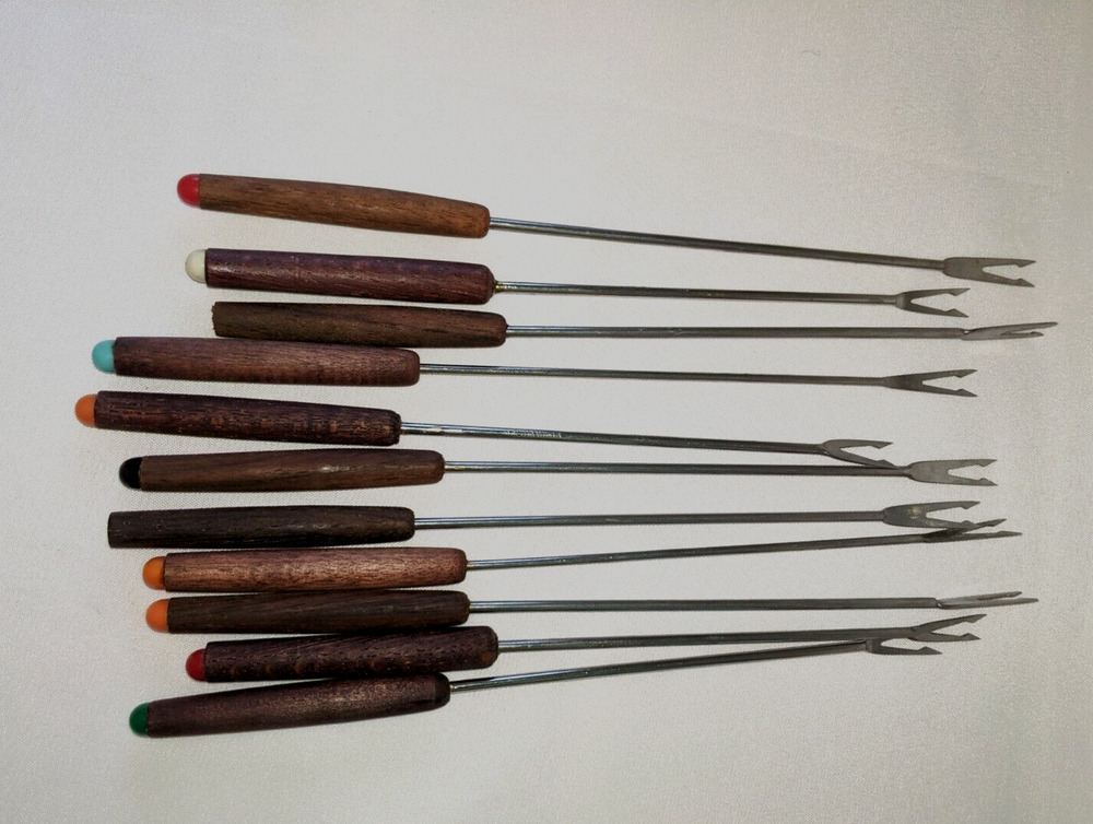 Lot of 11 Fondue Forks Wood Handles Double Prong